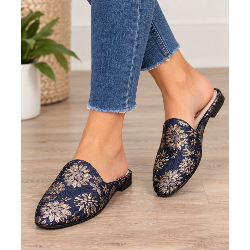 Alex Marie Womens 8.5M Floral Brocade Mule Slides Metallic Navy Slip On Shoes